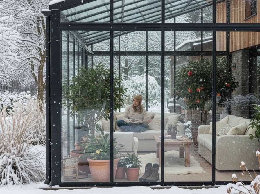 Žena usadená na pohovke v zimnej záhrade