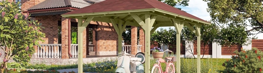 Záhradný altánok blízkosti tehlového rodinného domu