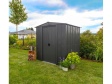 Plechový záhradný domček Spacemaker 65 na záhrade so zatvorenými dverami